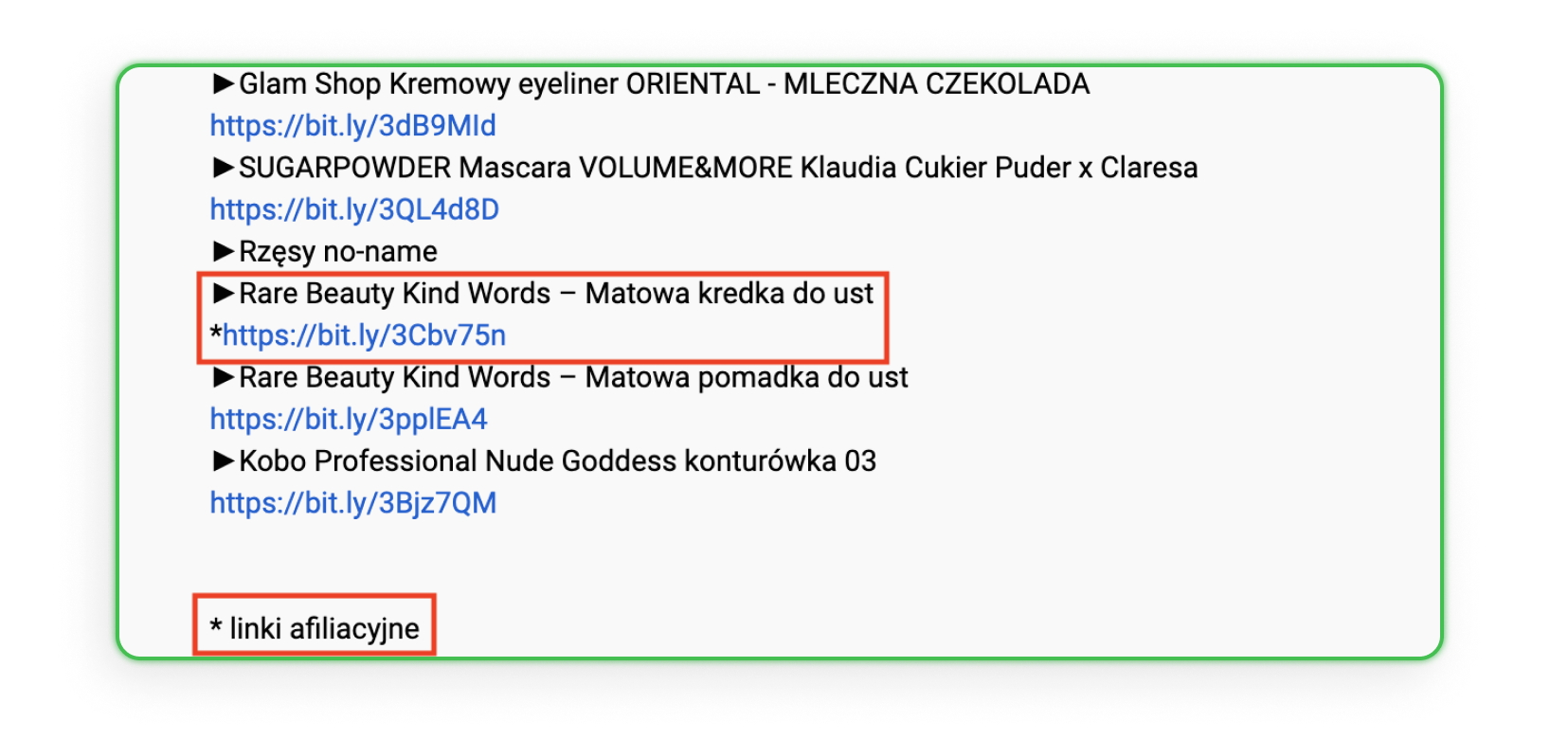 Opis pod filmem na kanale YouTube z informacją o stosowaniu linków afiliacyjnych