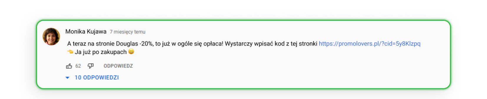 Komentarz na portalu YouTube z linkiem afiliacyjnym