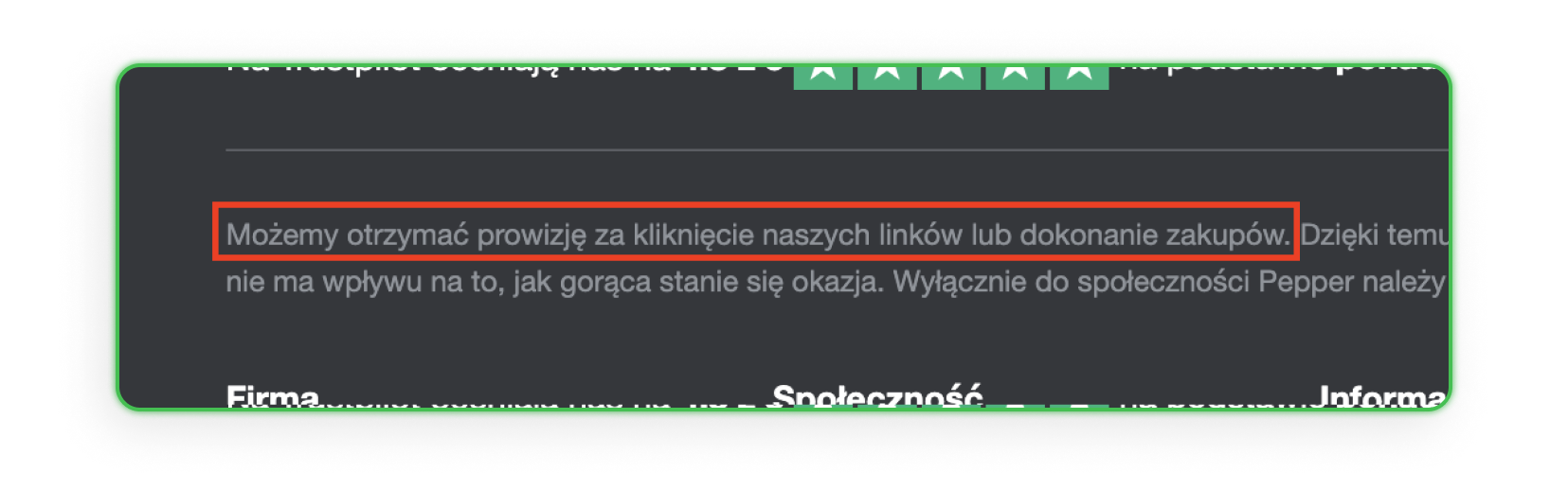 Informacja w stopce portalu Pepper.pl na temat stosowania linków afiliacyjnych