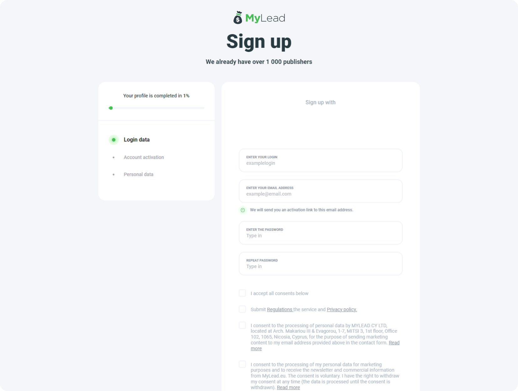 MyLead creating an account page