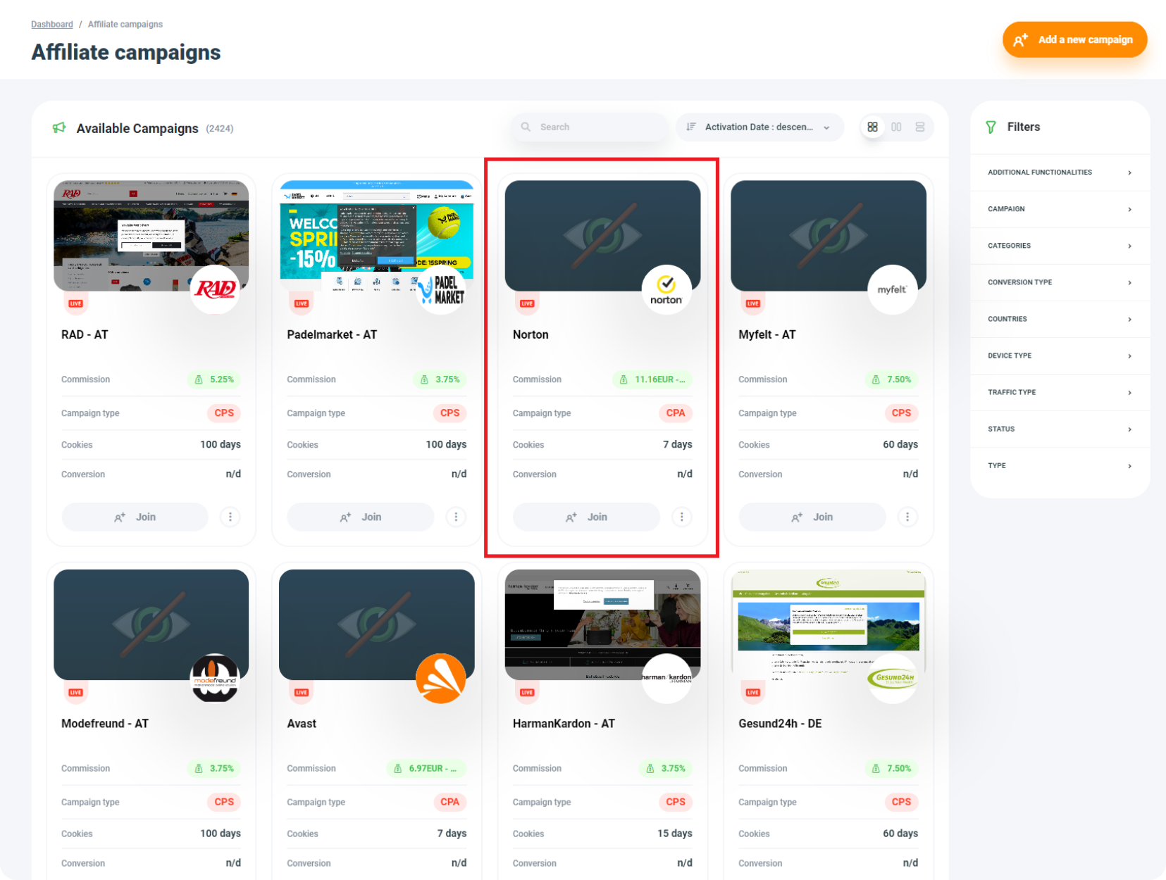 MyLead affiliate campaigns page