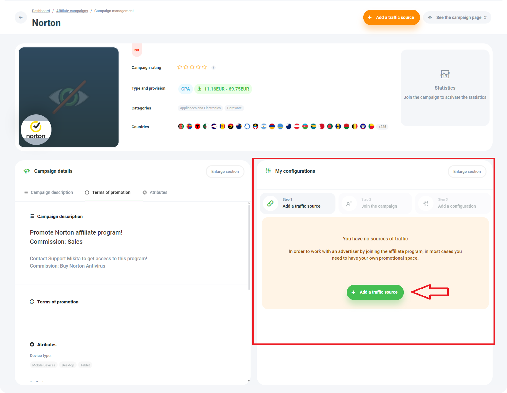 Norton affiliate program, my configurations, add traffic source