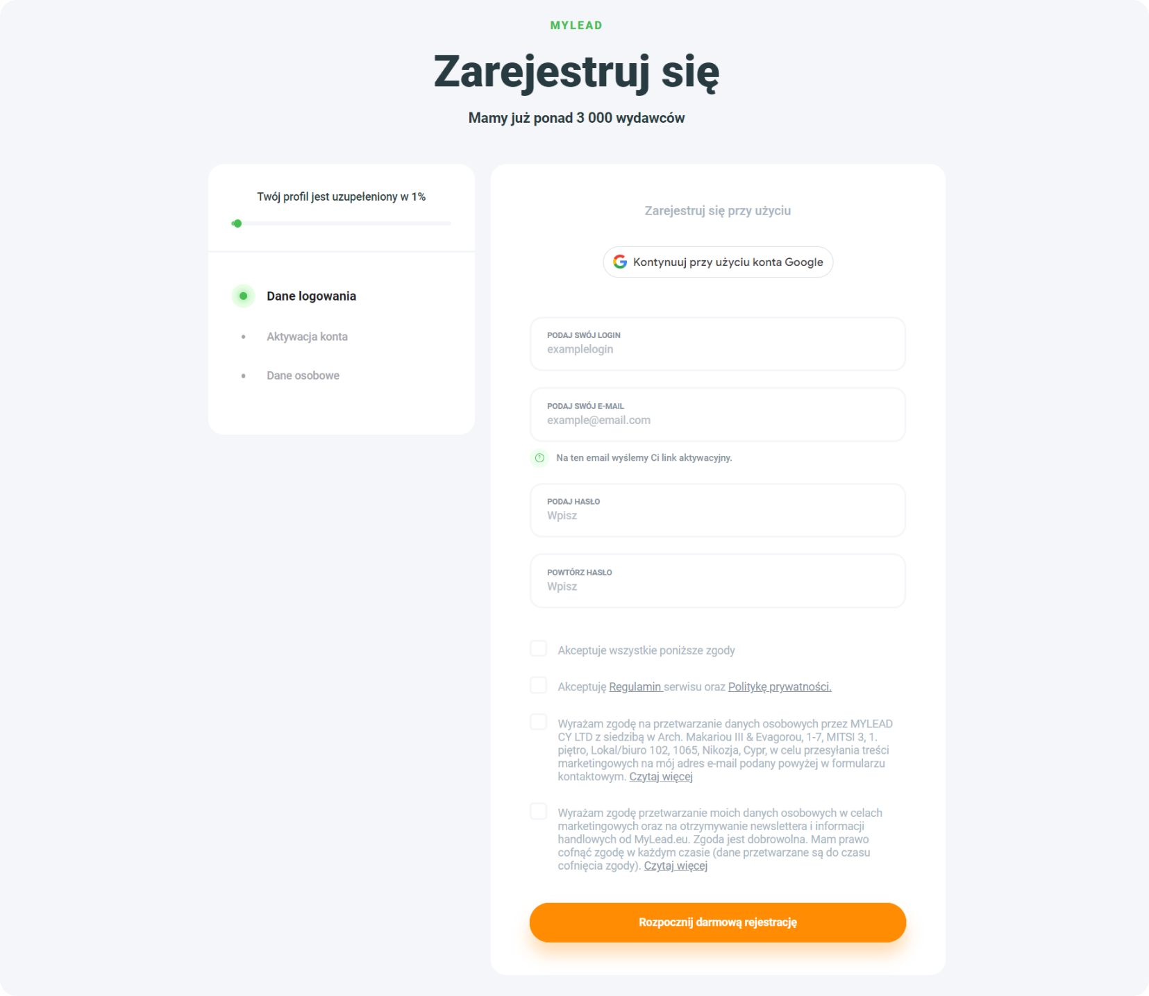 Strona rejestracji MyLead