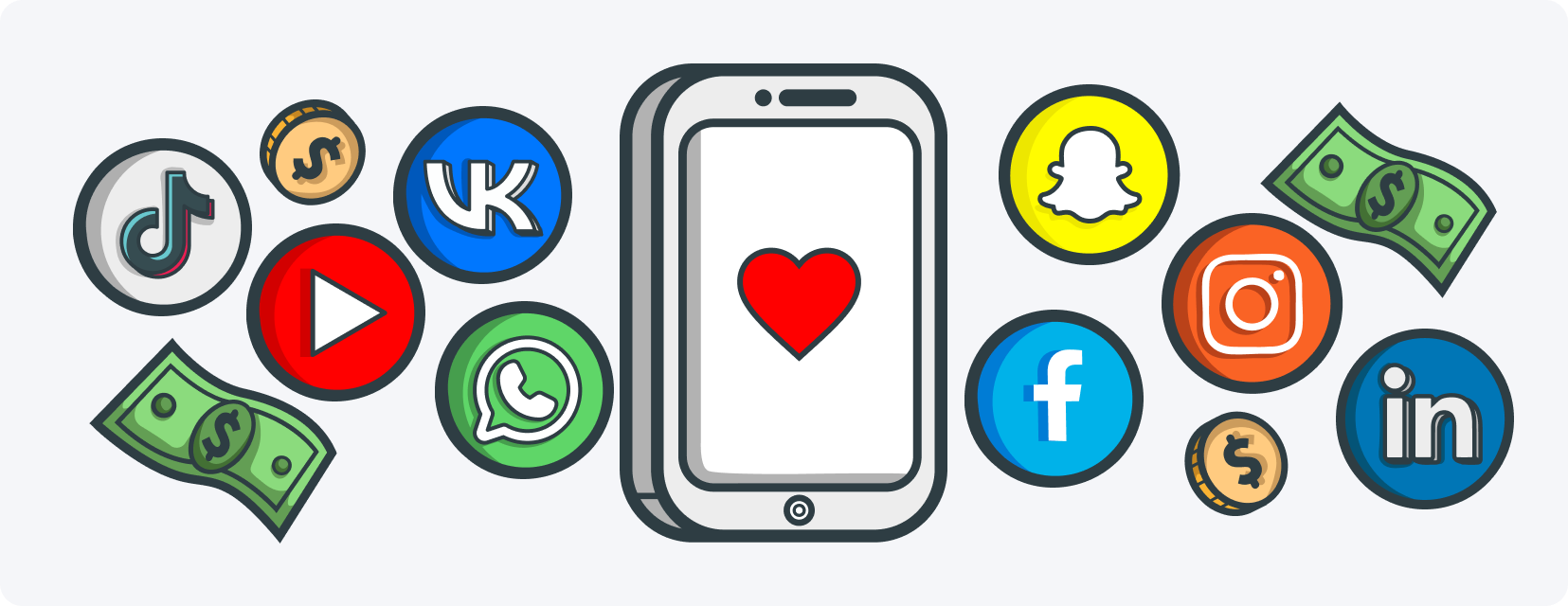 Значки соцсетей,мобильный телефон в центре изображения