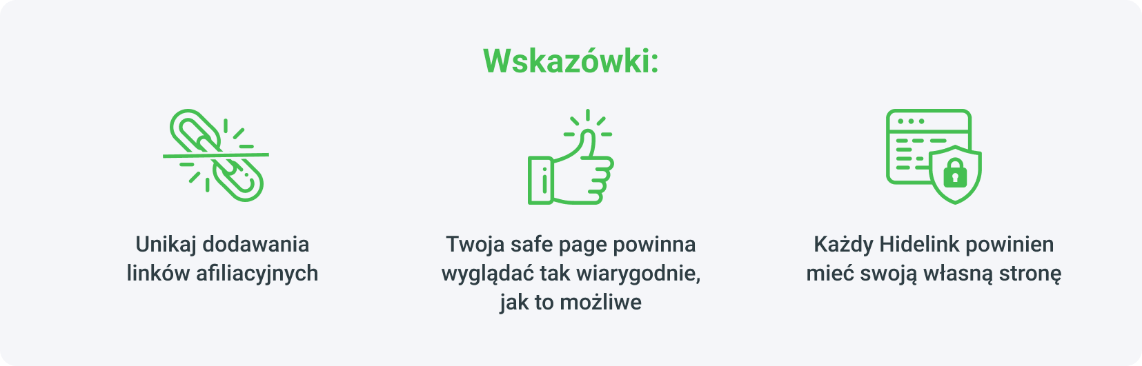 Wskazówki – unikaj umieszczania linków afiliacyjnych, Twoja bezpieczna strona powinna wyglądać jak najbardziej wiarygodnie, każdy HideLink powinien mieć swoją własną stronę.