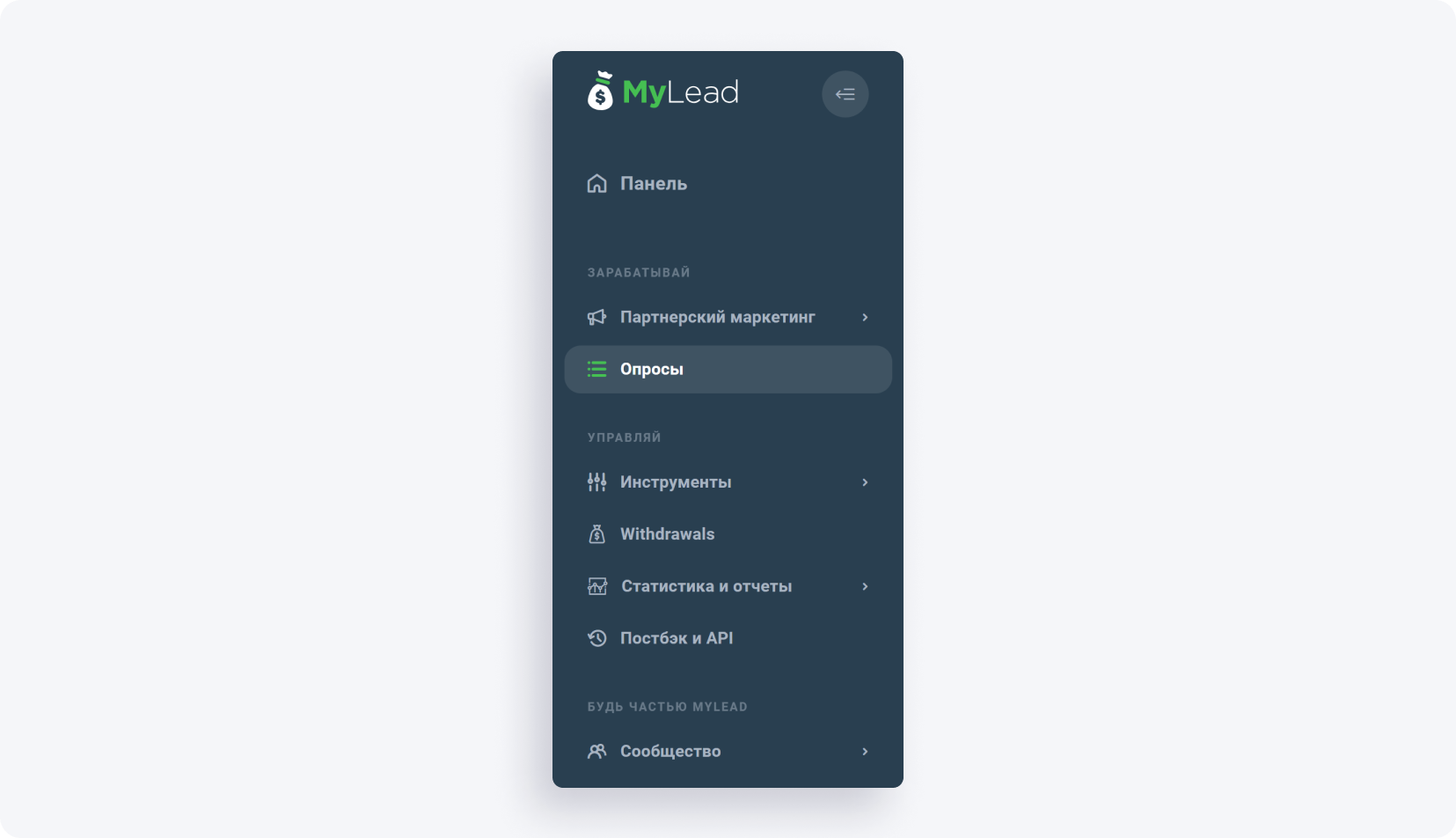 Пользовательская панель MyLead
