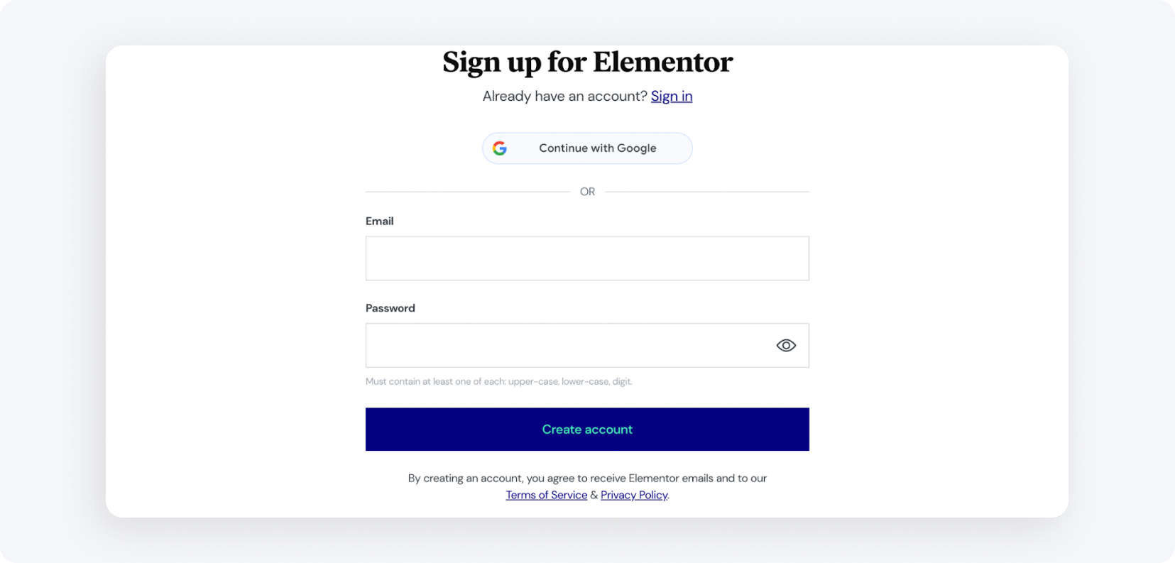 Elementor. Экран с регистрацией.