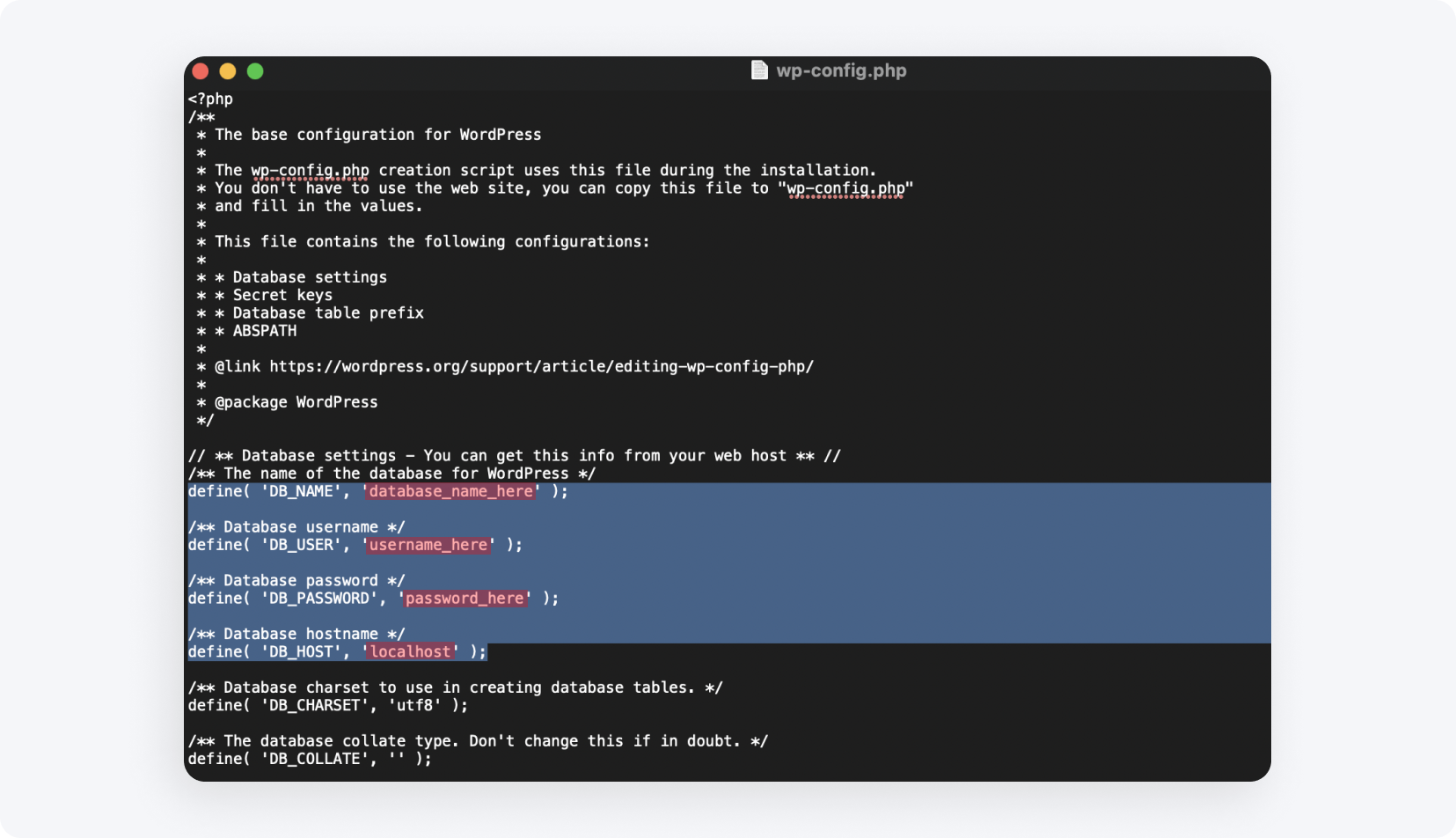 Выделенные данные для файла wp-config.php, которые нужно заполнить своими данными
