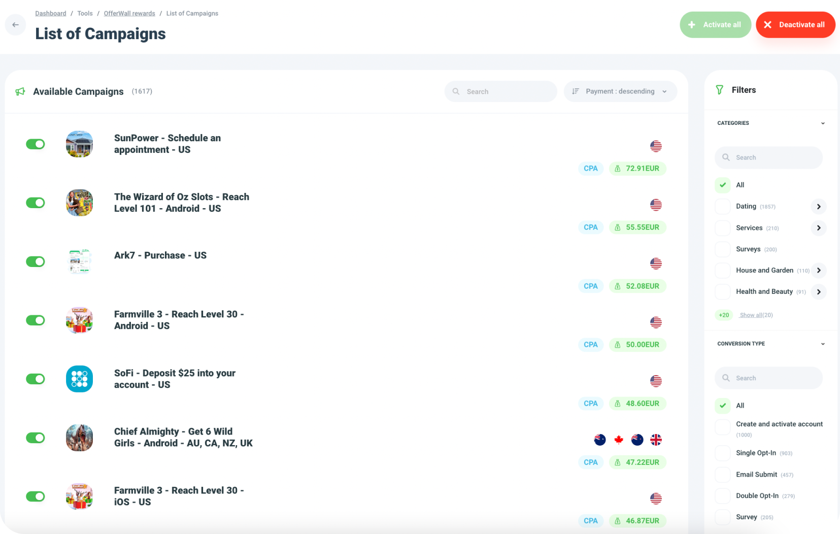 View of choosing offers for your Offerwall