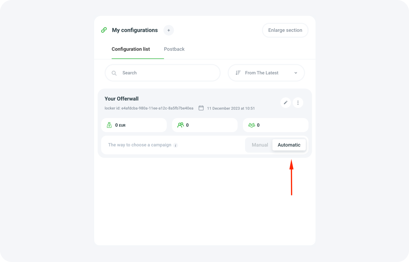 Choosing the mode for selecting offers for your Offerwall - Automatic