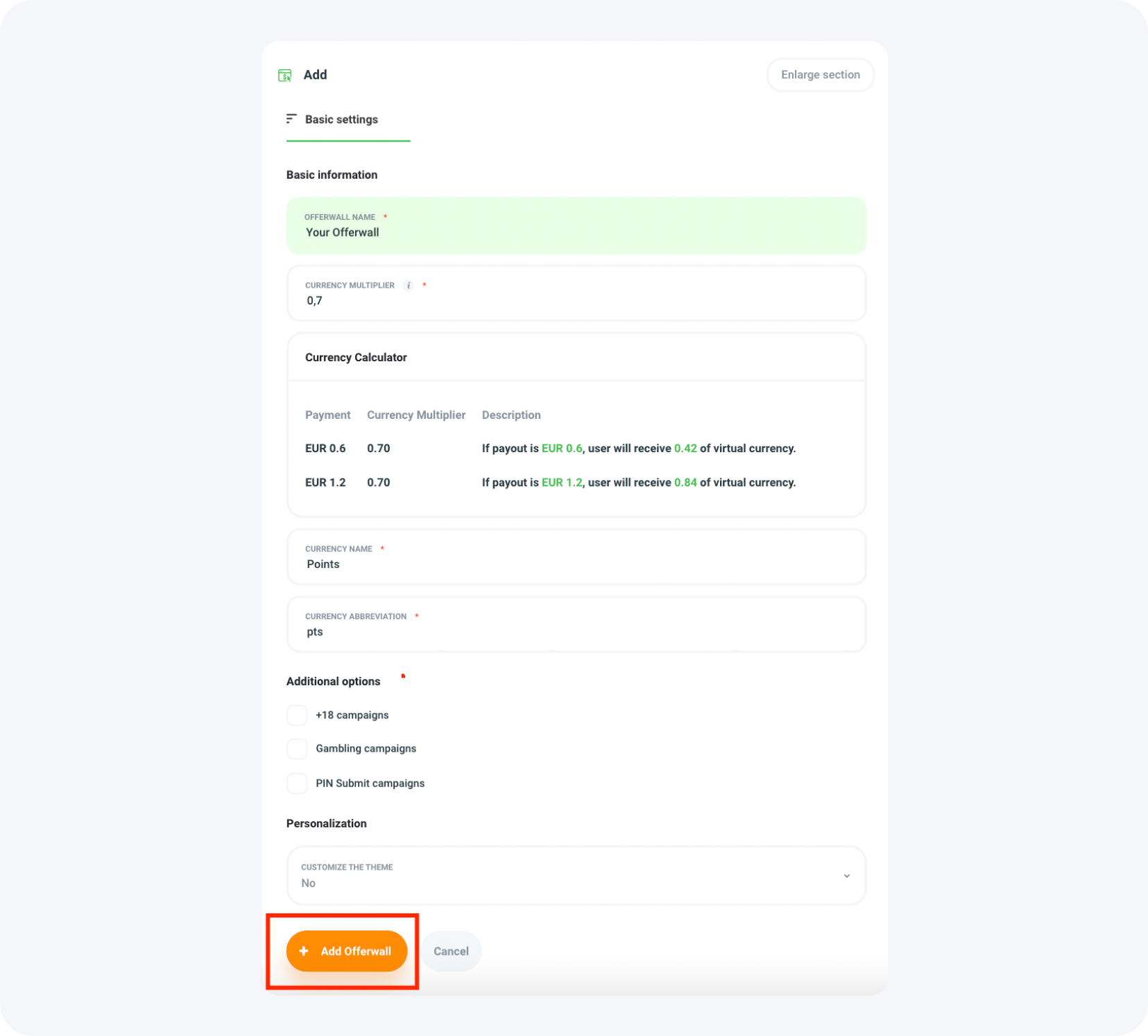 Completion of the initial Offerwall configuration