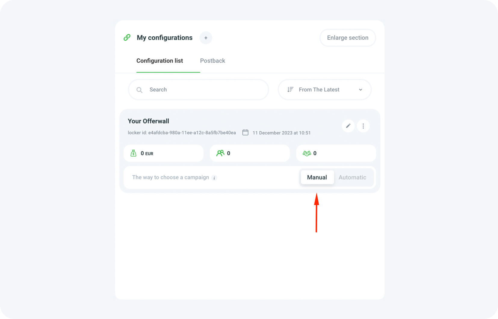 Choosing the mode for selecting offers for your Offerwall - Manual
