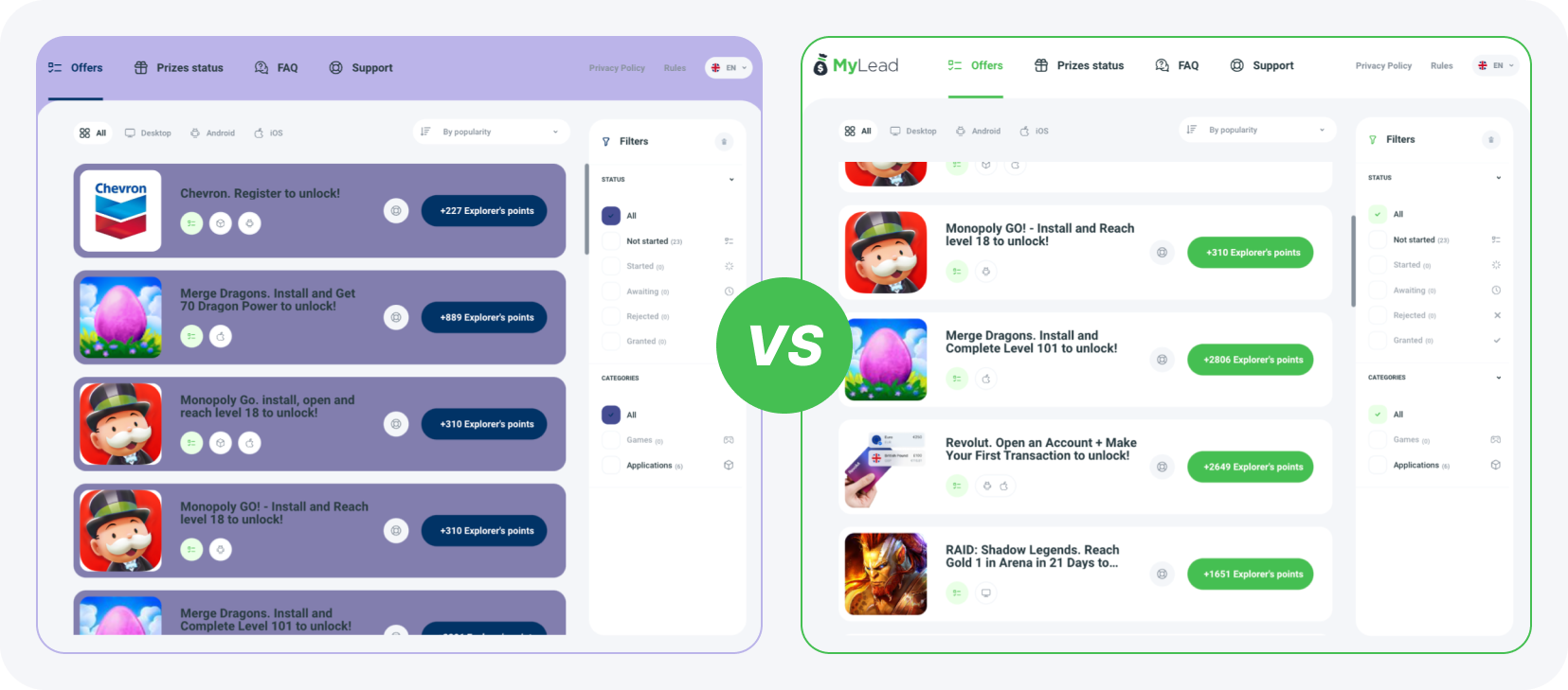 Offerwall tailored to the cosmic theme vs. default version of the Offerwall