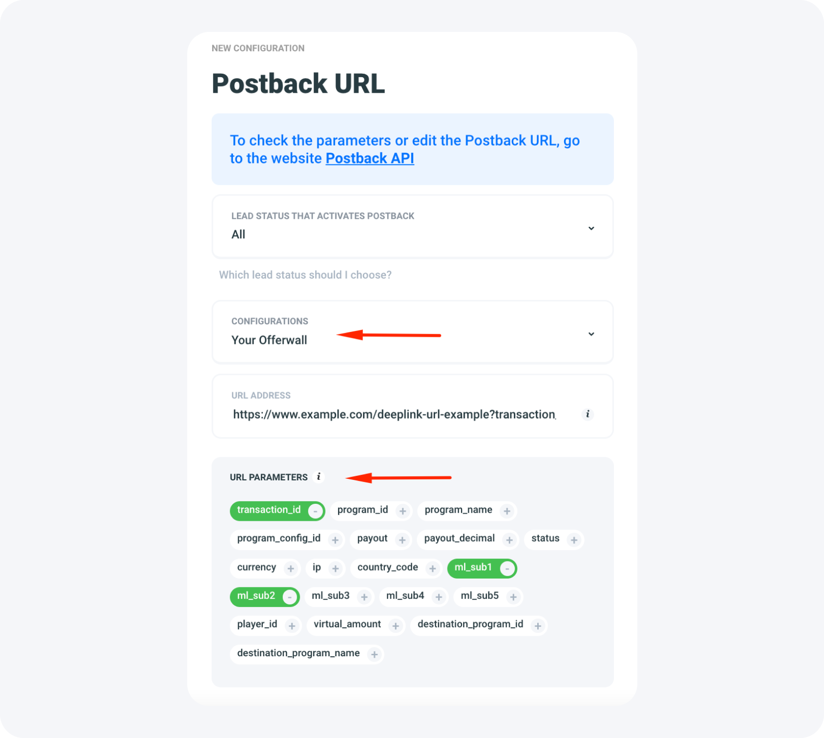 View of Postback integration to Offerwall configuration
