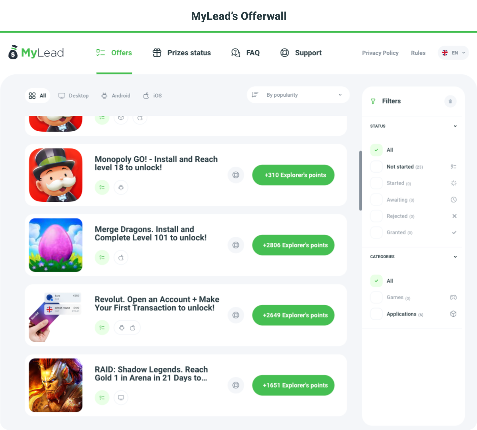 MyLead’s Offerwall screenshot, get to know our new tool