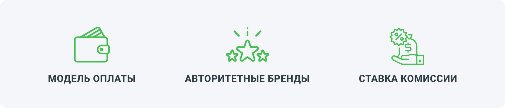 Модель оплаты, авторитетные бренды, ставка комиссии