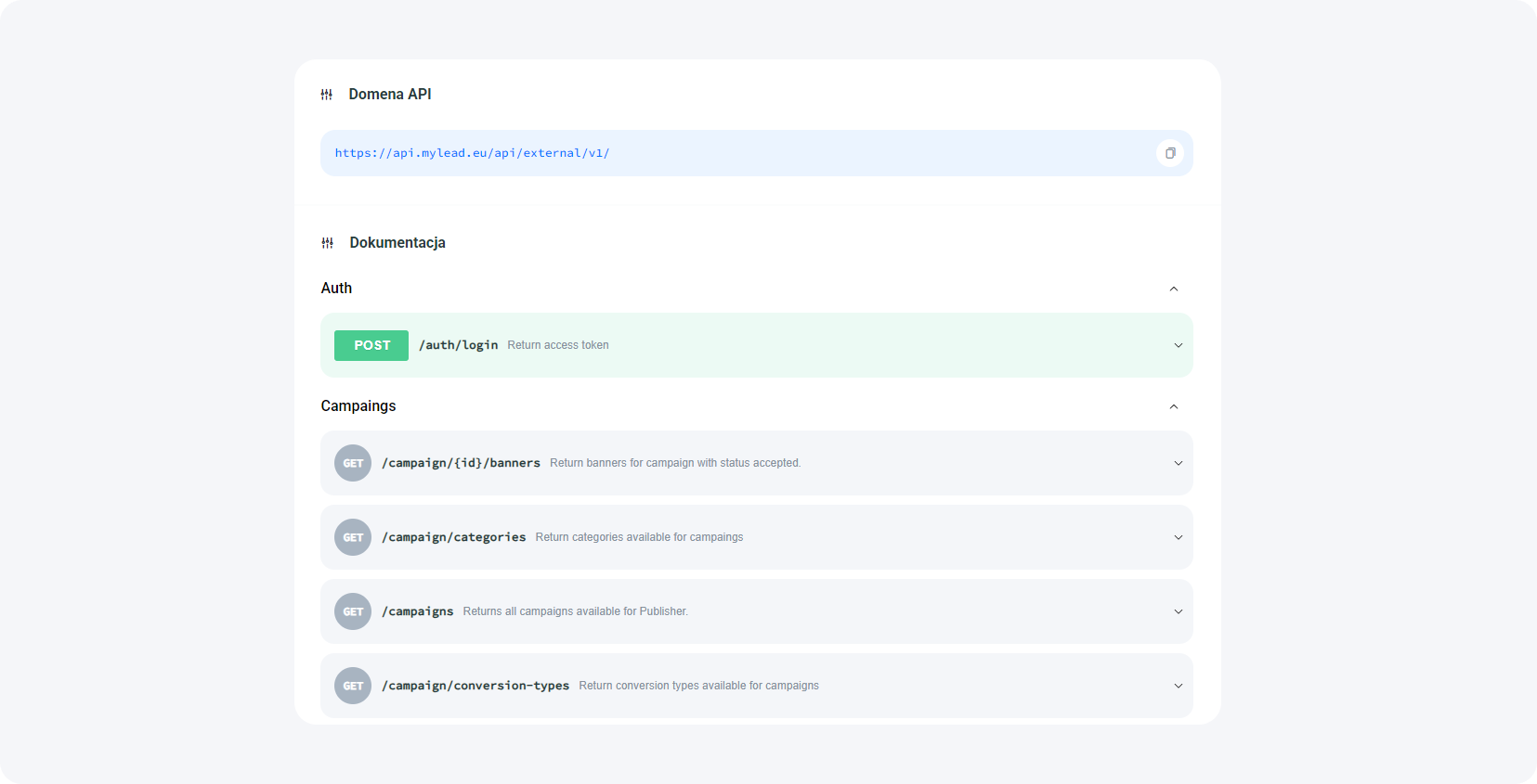 MyLead udostępnia dokumentację integracji API. Znajdziesz ją w panelu wydawcy