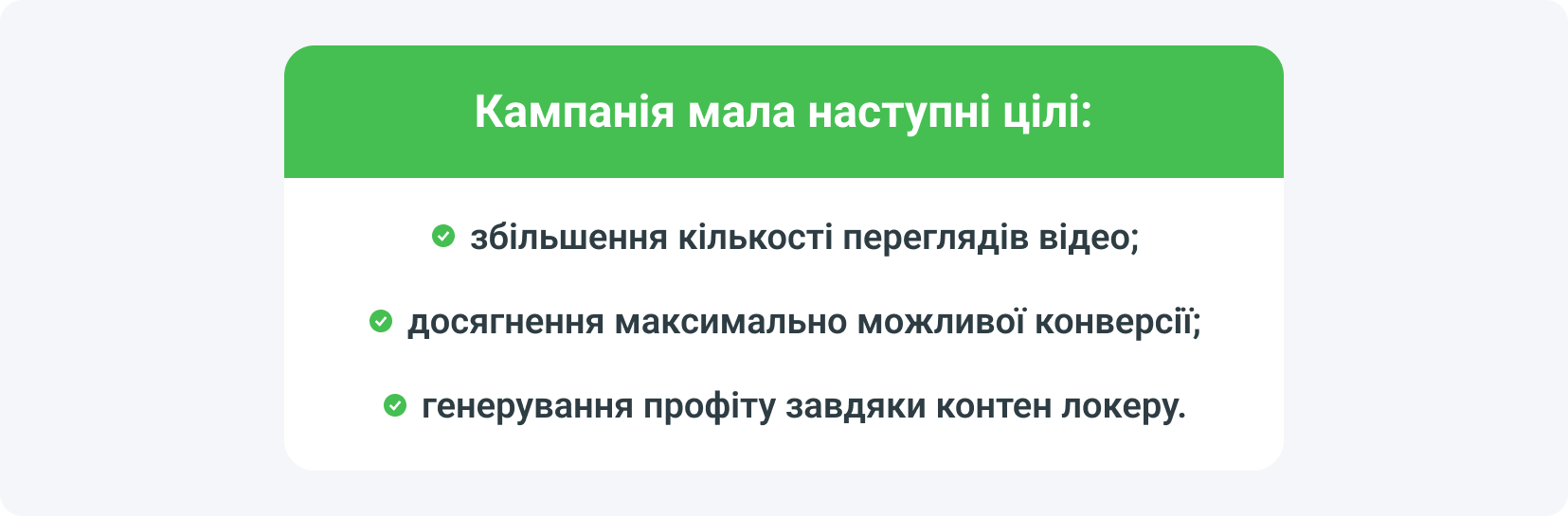 Кампанія мала наступні цілі: збільшення кількості переглядів відео; досягнення максимально можливої конверсії; генерування профіту завдяки контен локеру.