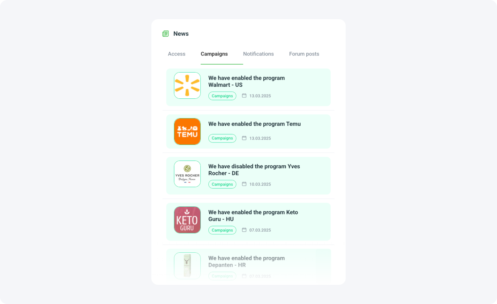 Informationen über neue Kampagnen im Panel