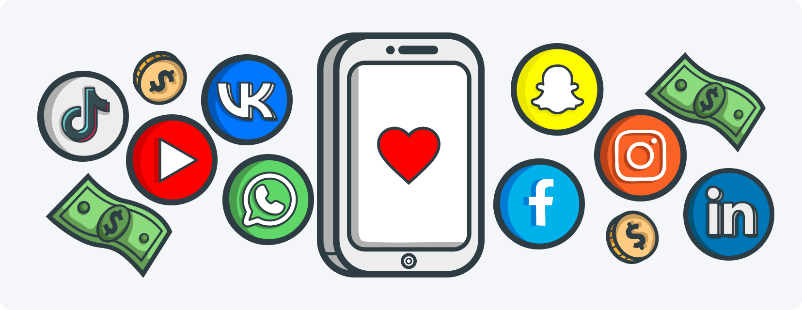 Іконки соціальних мереж, мобільний телефон у центрі зображення