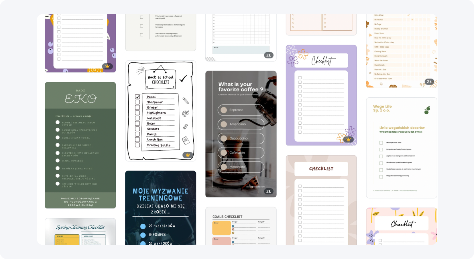 Canva oferuję długą listę szablonów checklist do wyboru