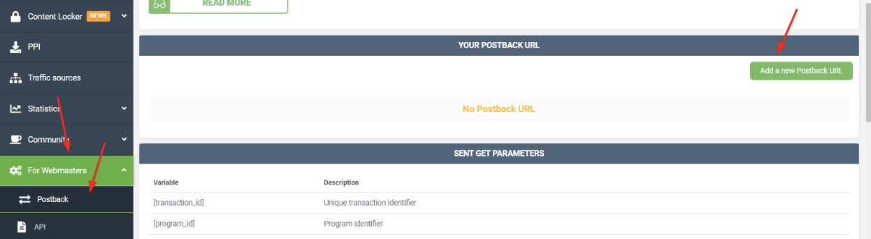 Add a New Postback URL