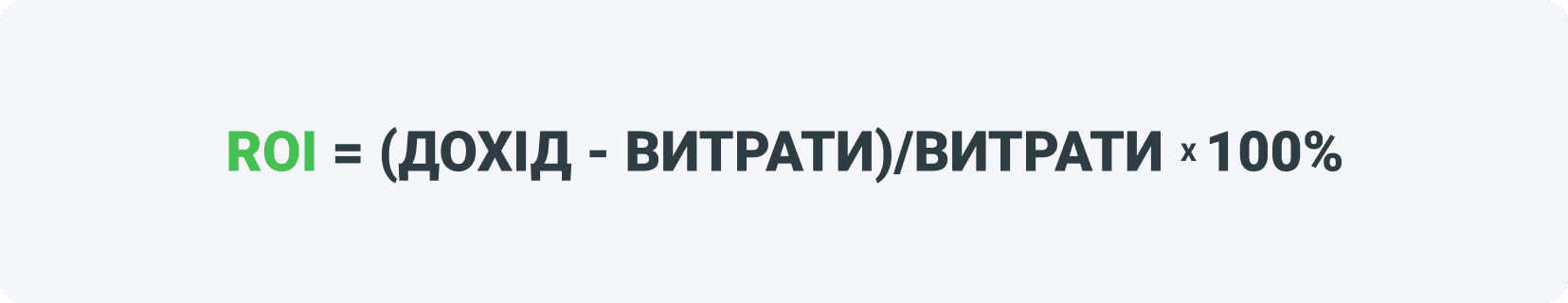 ROI=(ДОХІД-ВИТРАТИ)/ВИТРАТИ*100%