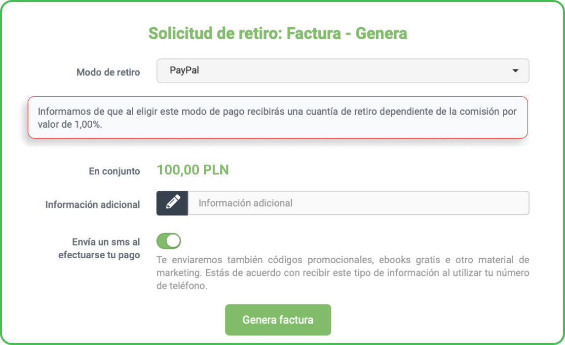 Vista de la solicitud de retiro con comisión marcada