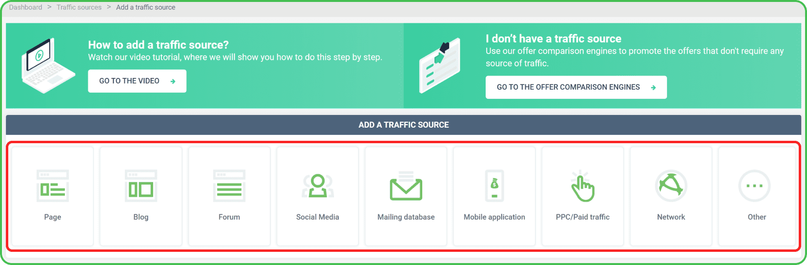 Traffic sources tab